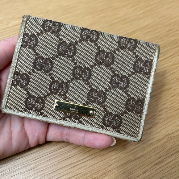 Gucci GG Canvas Card Holder Wallet Beige Brown Monogram Gold Logo Plate - Picture 2 of 8